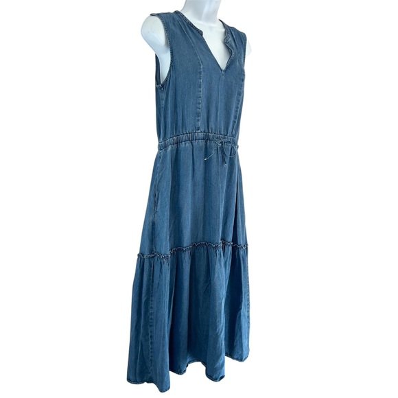 Lands' End Blue Denim Chambray Tiered Midi Dress Size S Lyocell - Picture 2 of 12